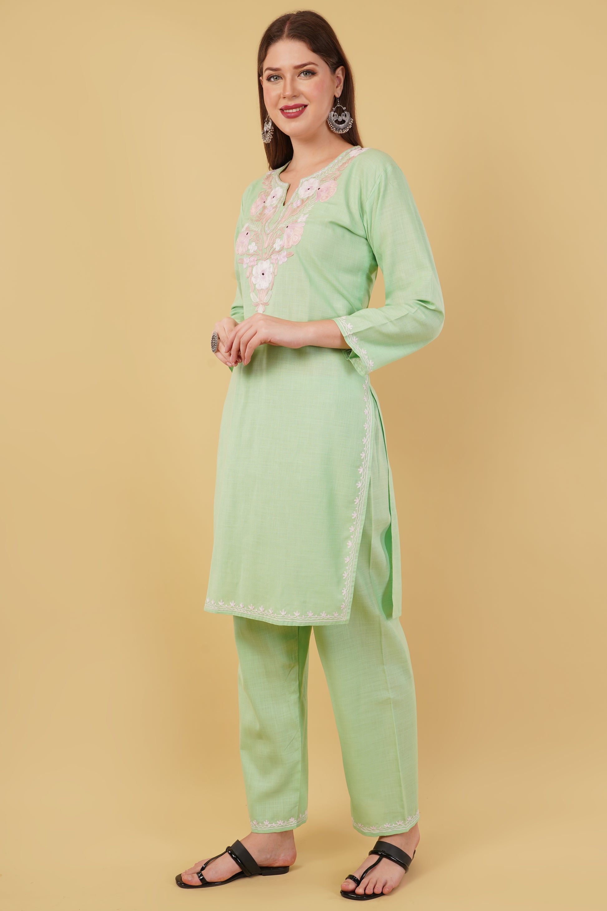 Kashmiri Aari embroidery Cotton Co-ord set Size-42 (Green)