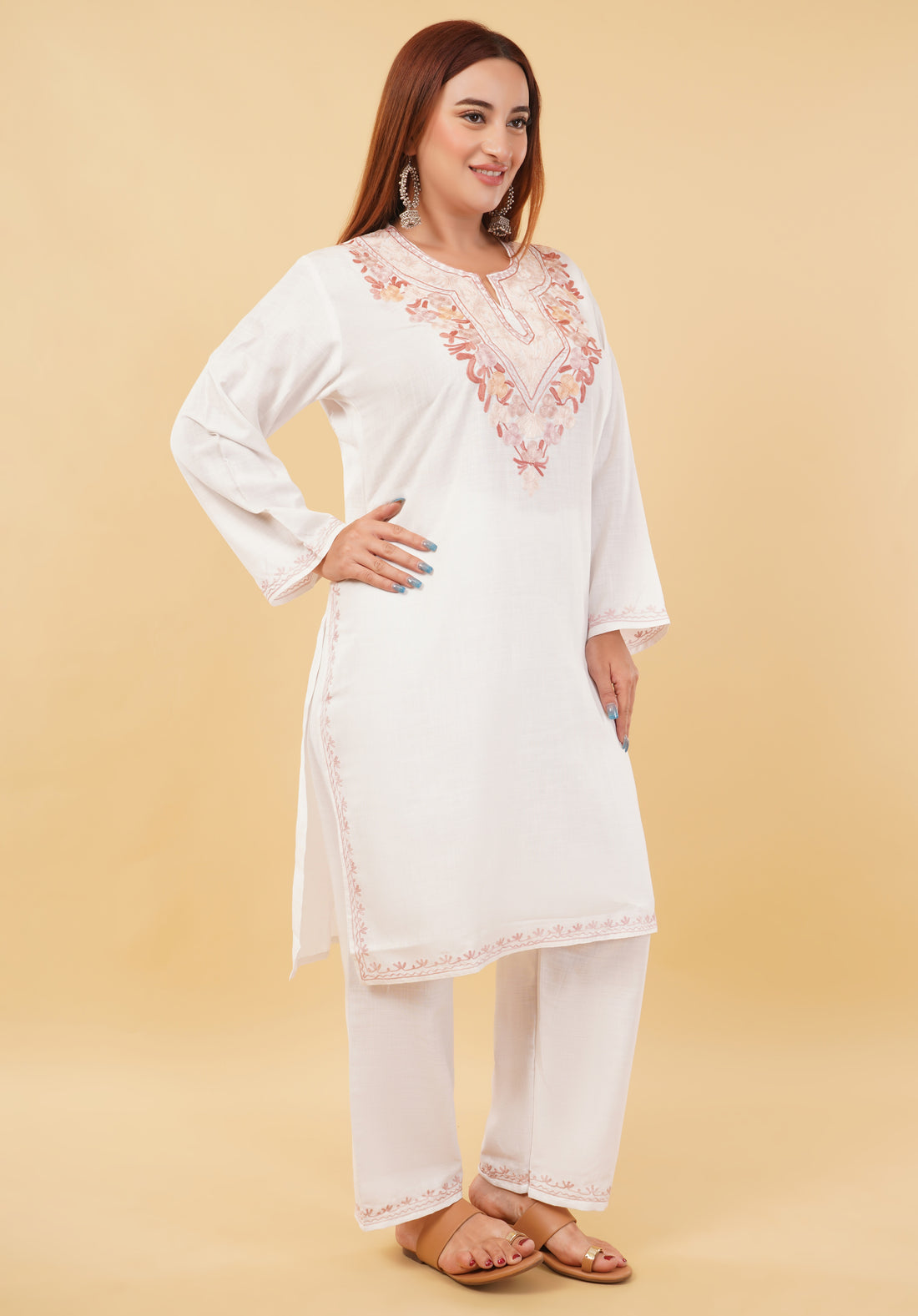 Kashmiri Aari embroidery Cotton Co-ord set Size-46 (White)