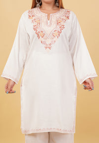 Kashmiri Aari embroidery Cotton Co-ord set Size-46 (White)