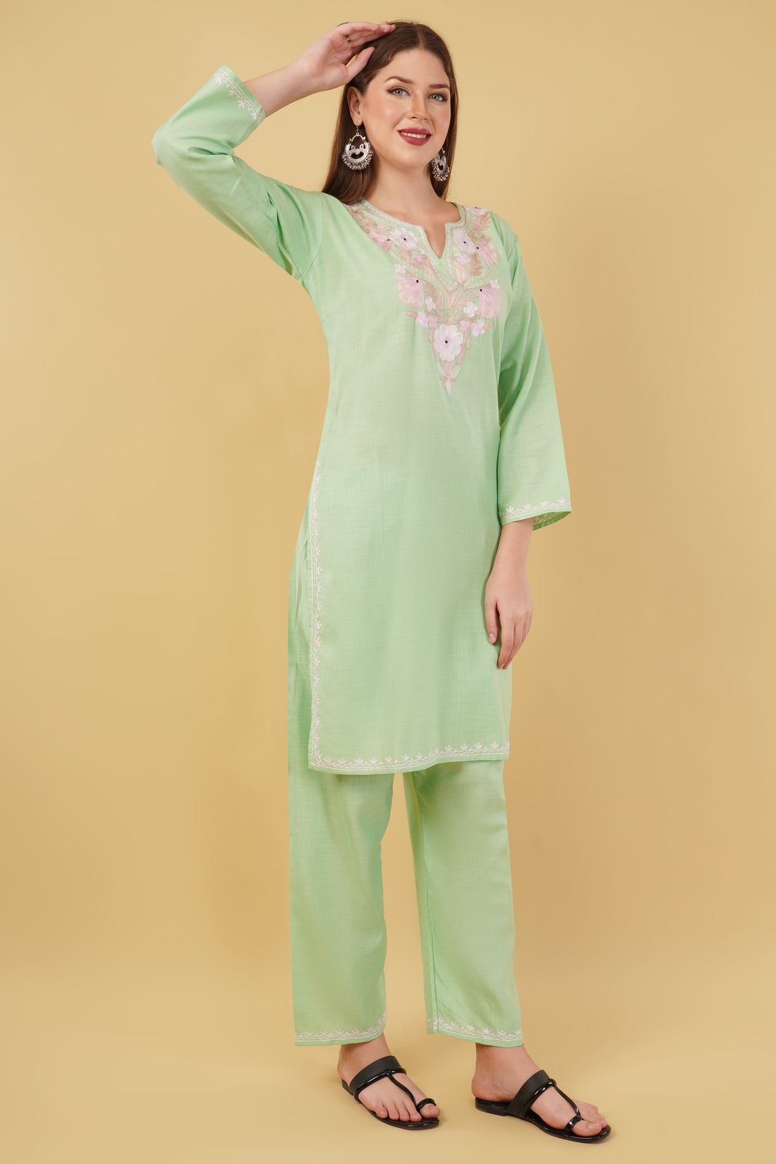 Kashmiri Aari embroidery Cotton Co-ord set Size-42 (Green)