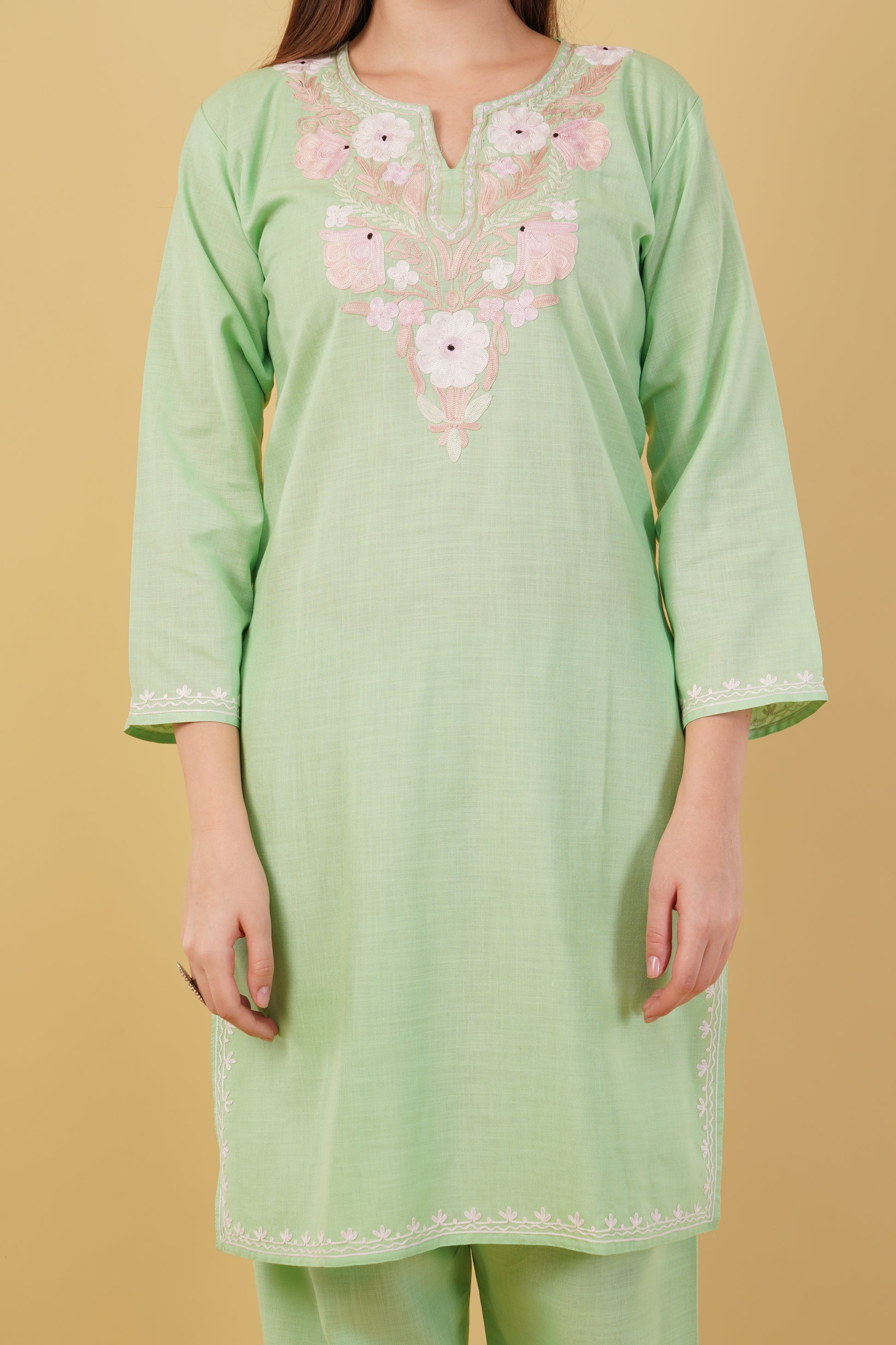 Kashmiri Aari embroidery Cotton Co-ord set Size-42 (Green)