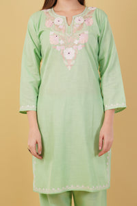 Kashmiri Aari embroidery Cotton Co-ord set Size-42 (Green)