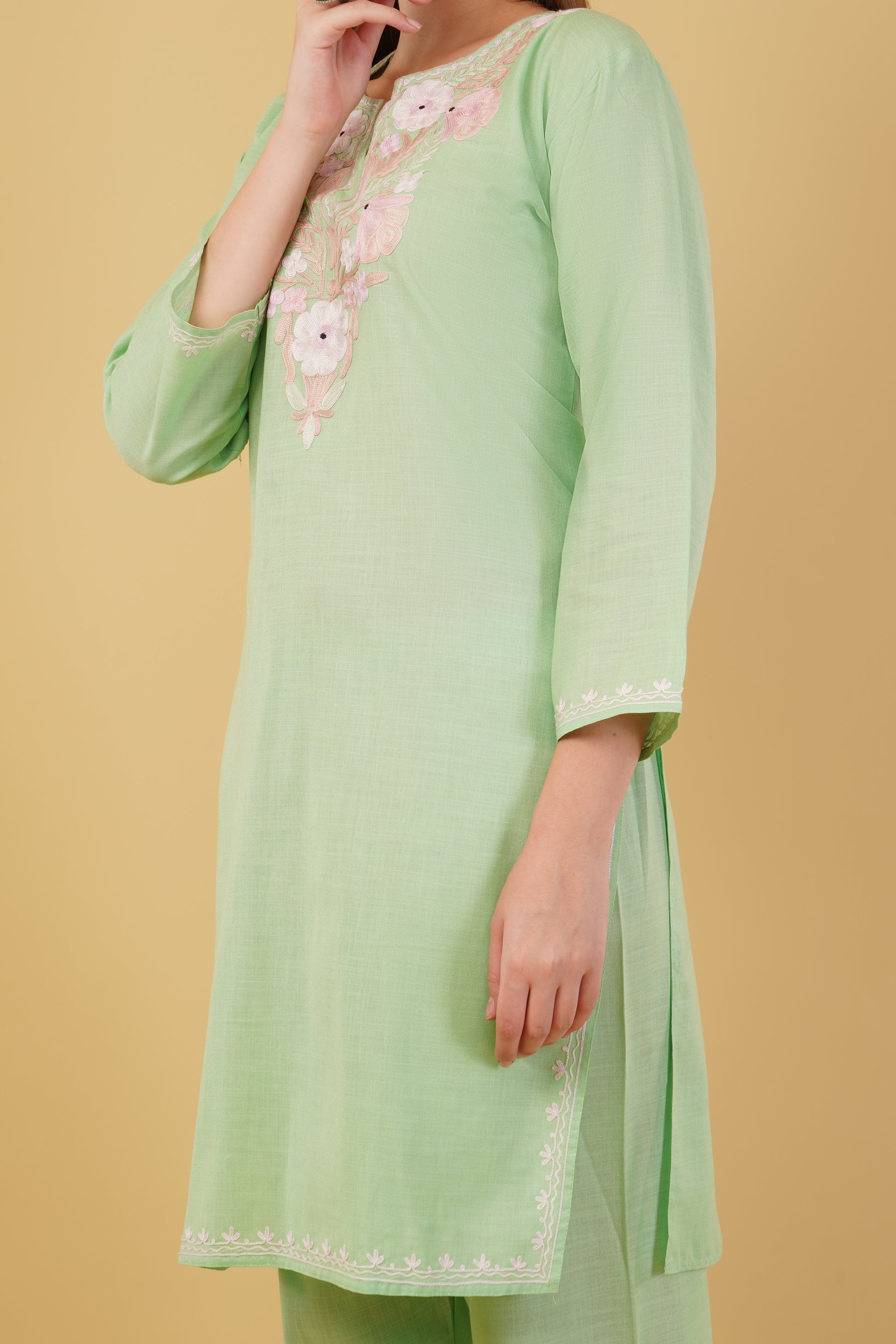 Kashmiri Aari embroidery Cotton Co-ord set Size-42 (Green)