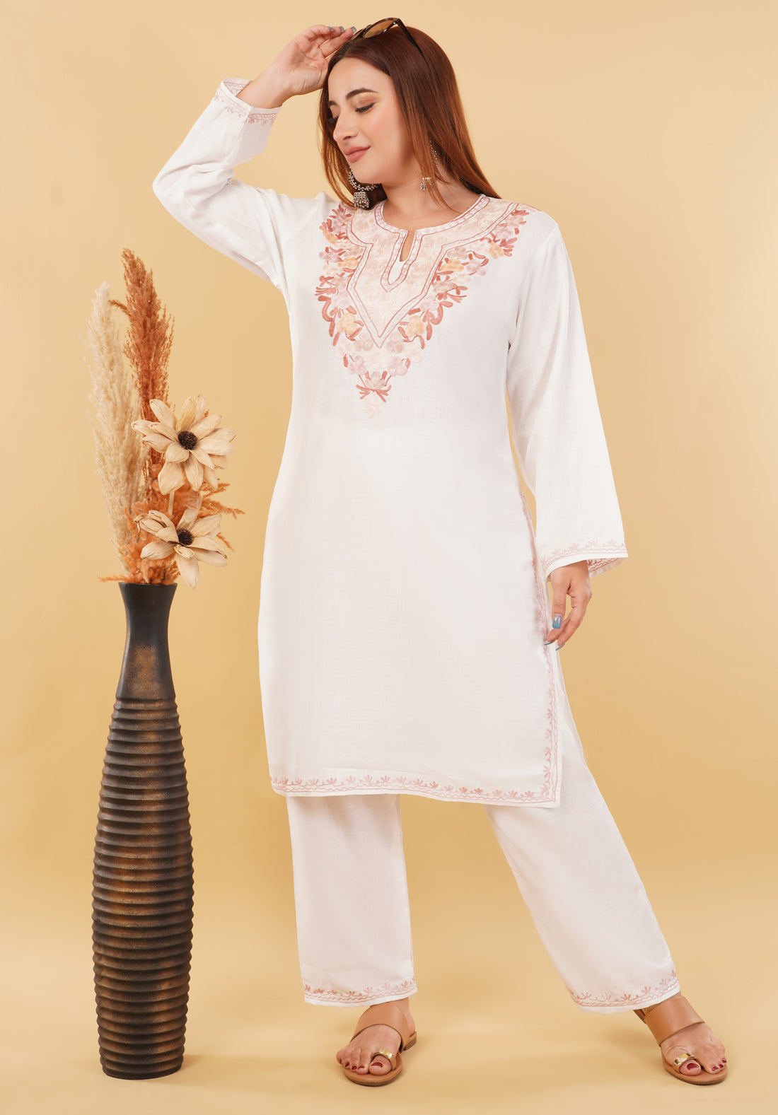 Kashmiri Aari embroidery Cotton Co-ord set Size-46 (White)