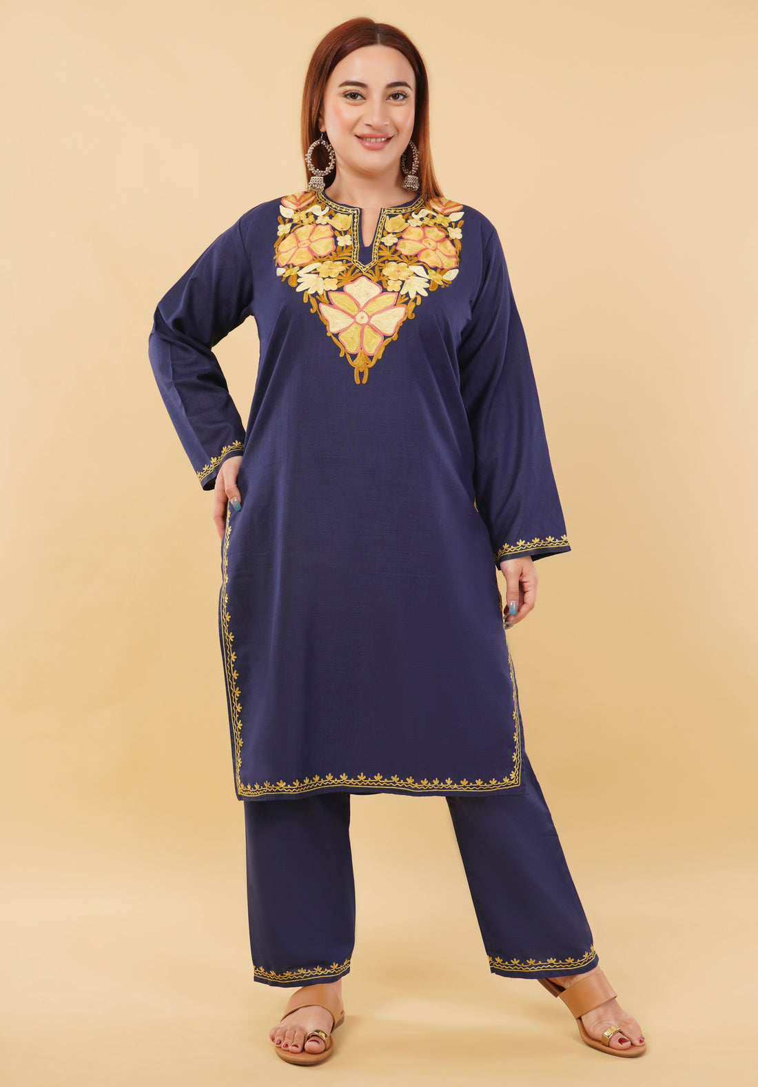 Kashmiri Aari embroidery Cotton Co-ord set Size-46 (Navy Blue)