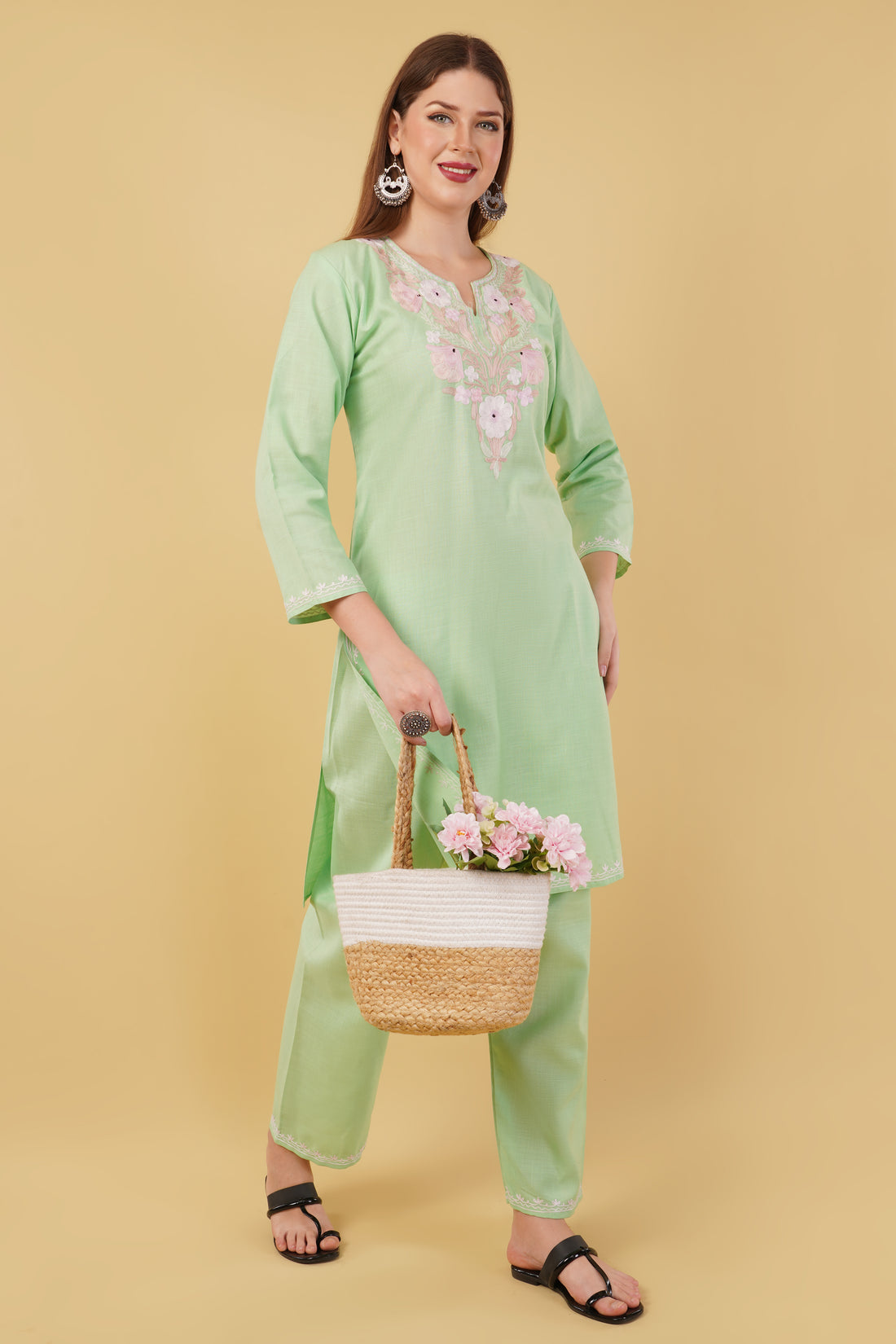 Kashmiri Aari embroidery Cotton Co-ord set Size-42 (Green)