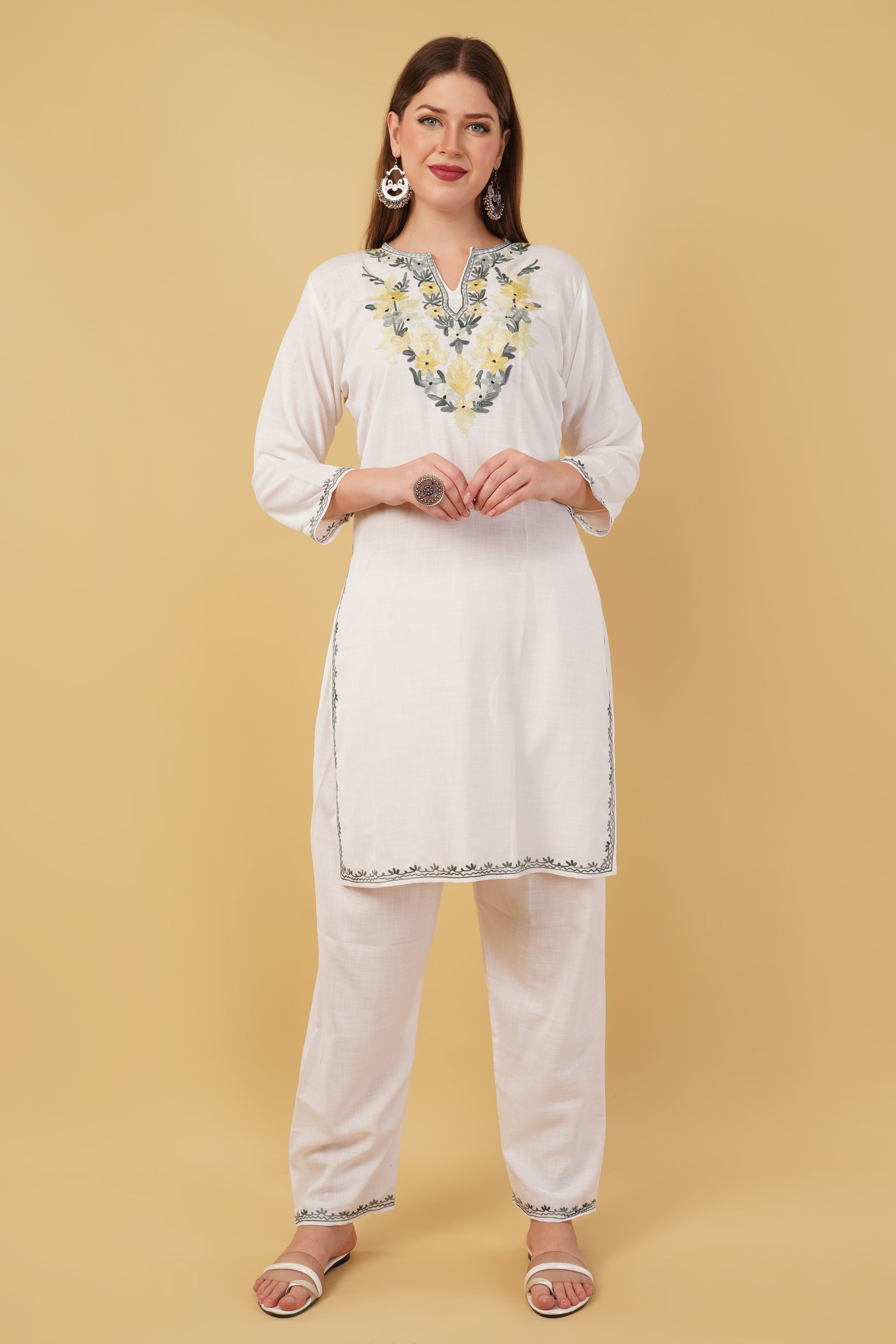 Kashmiri Aari embroidery Cotton Co-ord set Size-42 (White)