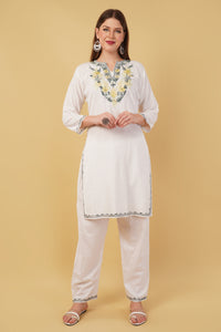 Kashmiri Aari embroidery Cotton Co-ord set Size-42 (White)