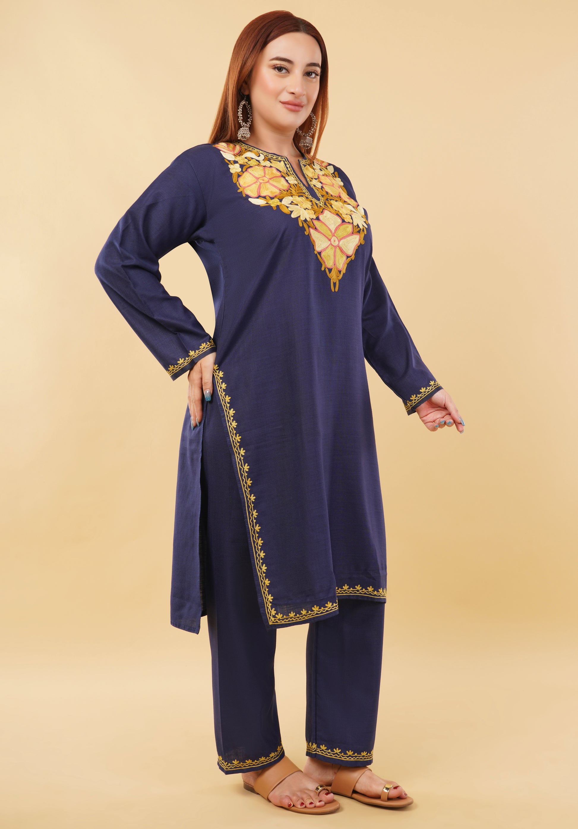 Kashmiri Aari embroidery Cotton Co-ord set Size-46 (Navy Blue)