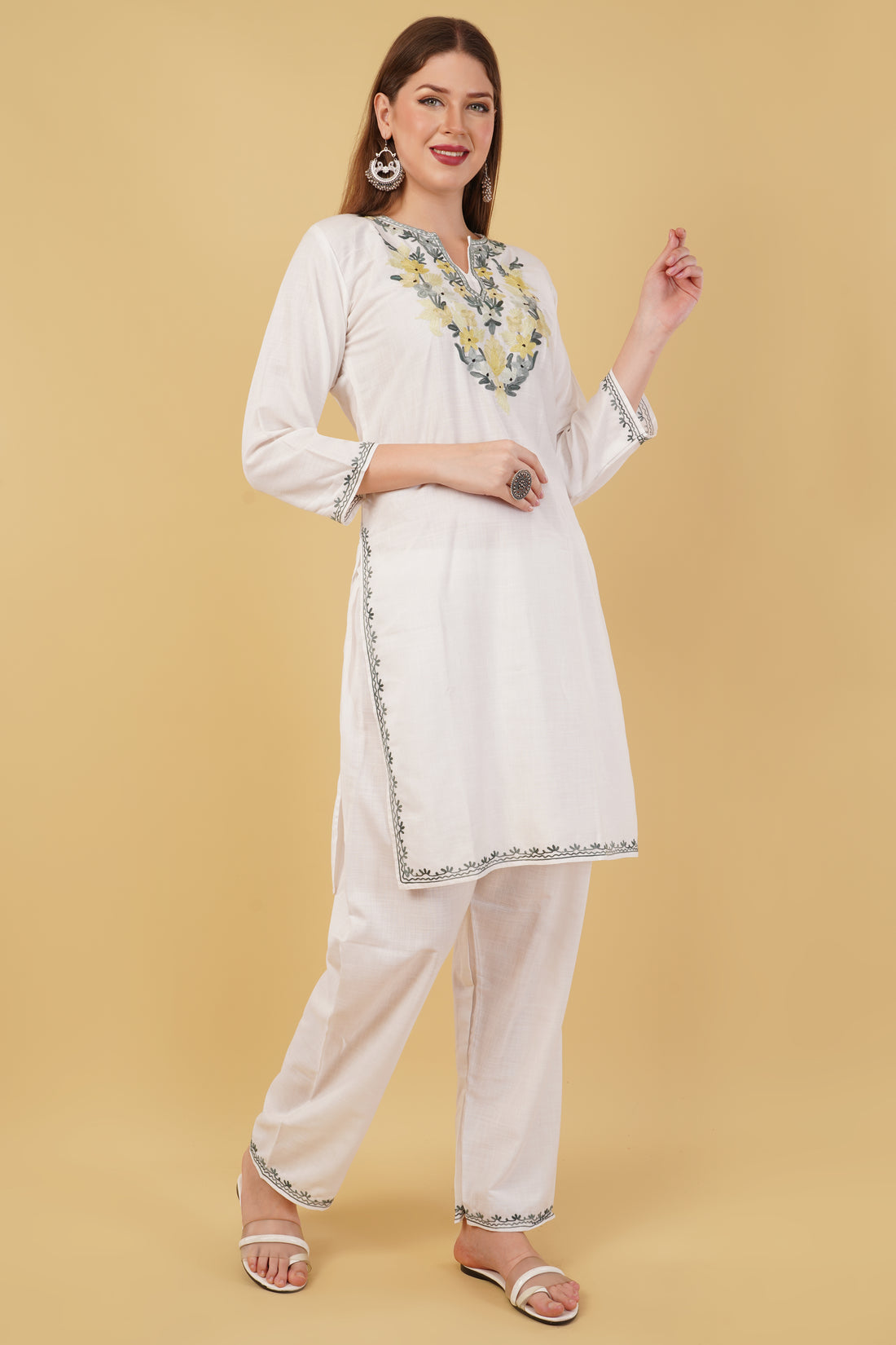 Kashmiri Aari embroidery Cotton Co-ord set Size-42 (White)