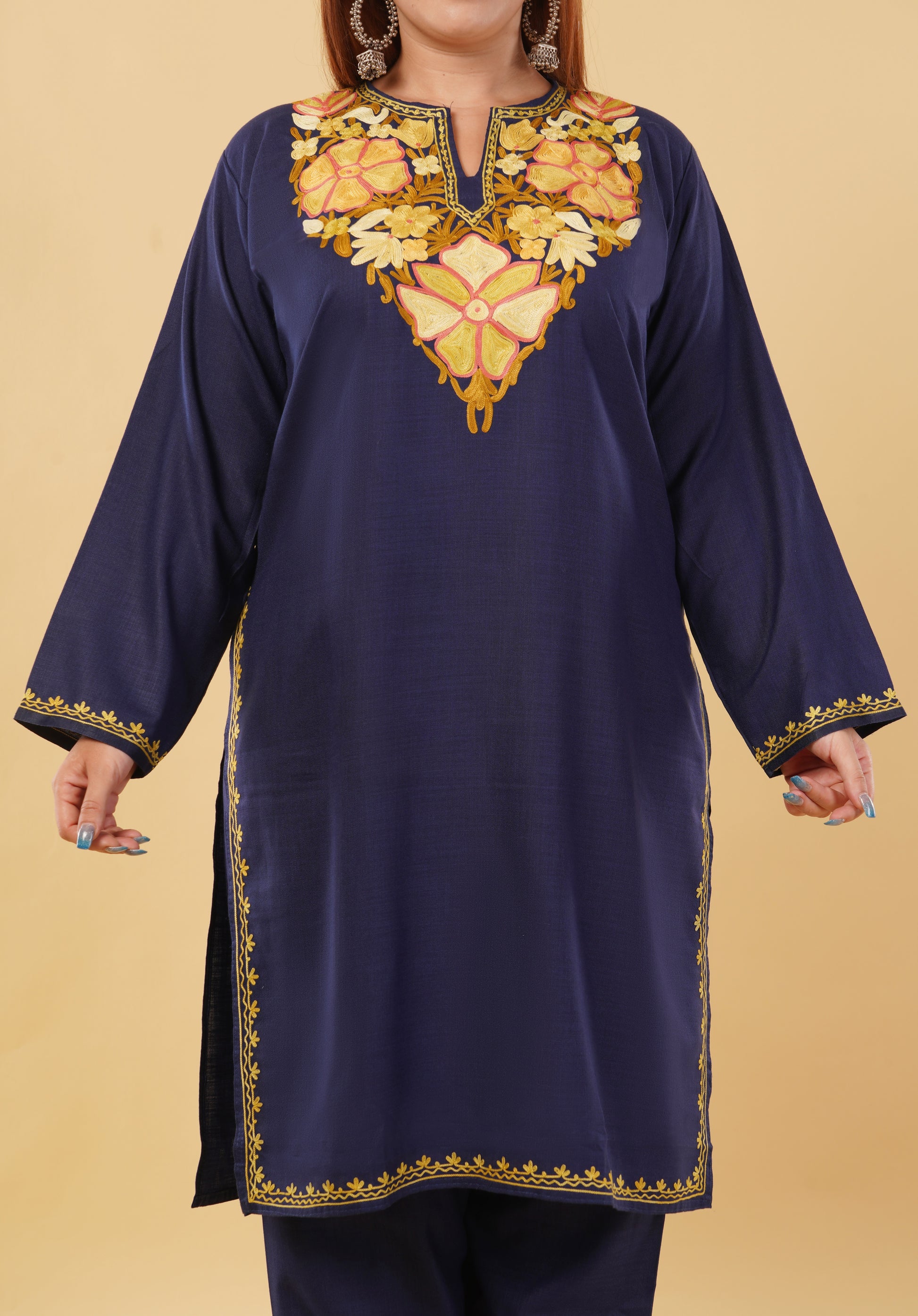 Kashmiri Aari embroidery Cotton Co-ord set Size-46 (Navy Blue)
