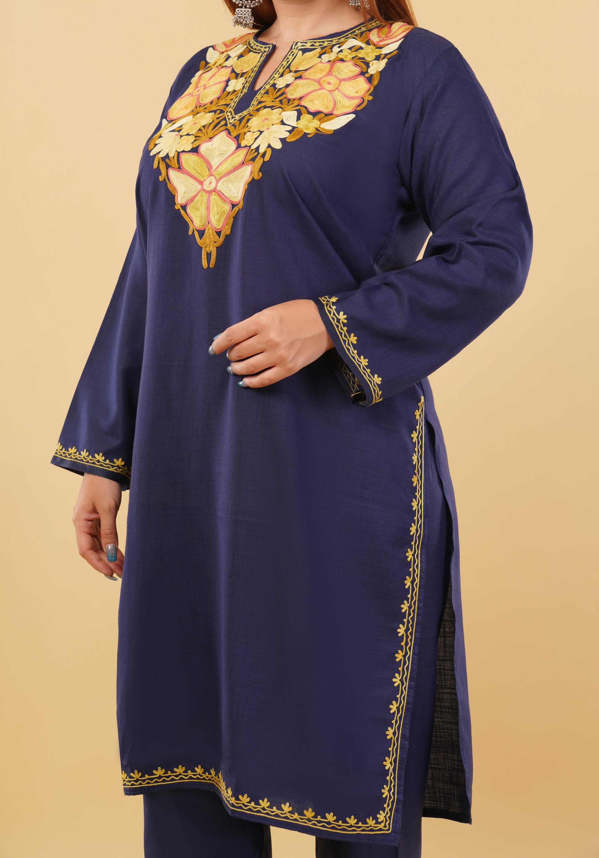 Kashmiri Aari embroidery Cotton Co-ord set Size-46 (Navy Blue)