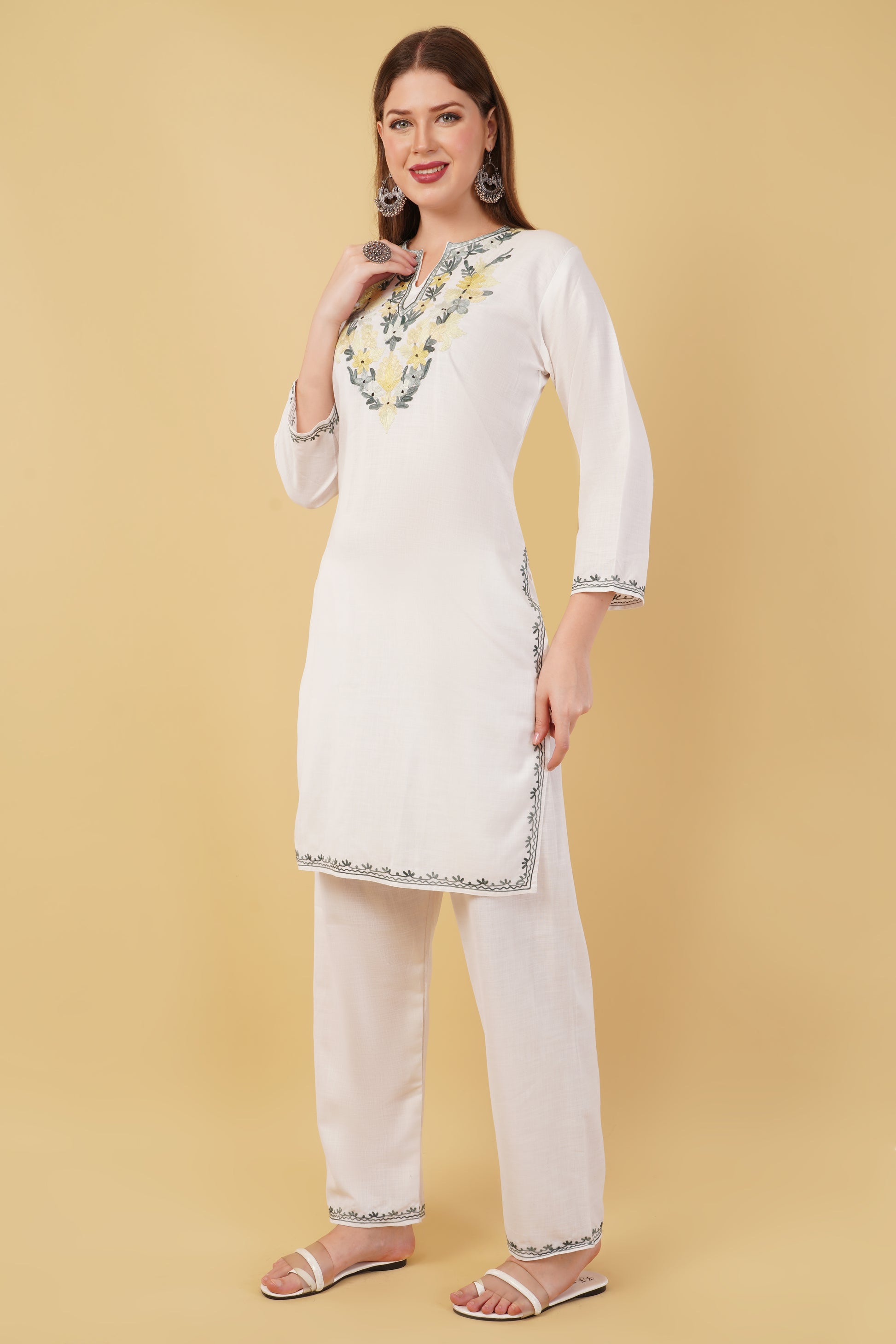 Kashmiri Aari embroidery Cotton Co-ord set Size-42 (White)