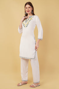 Kashmiri Aari embroidery Cotton Co-ord set Size-42 (White)