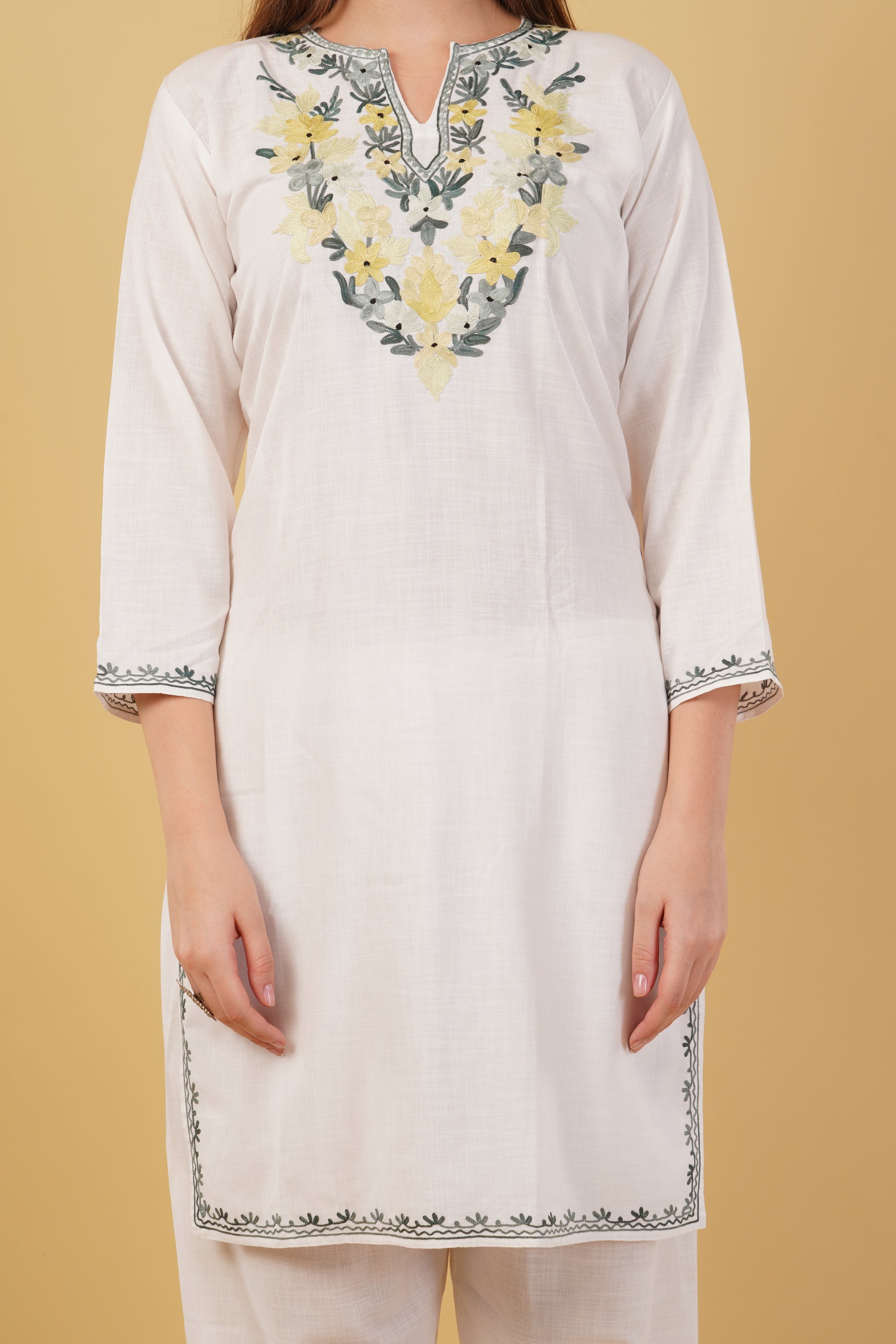 Kashmiri Aari embroidery Cotton Co-ord set Size-42 (White)