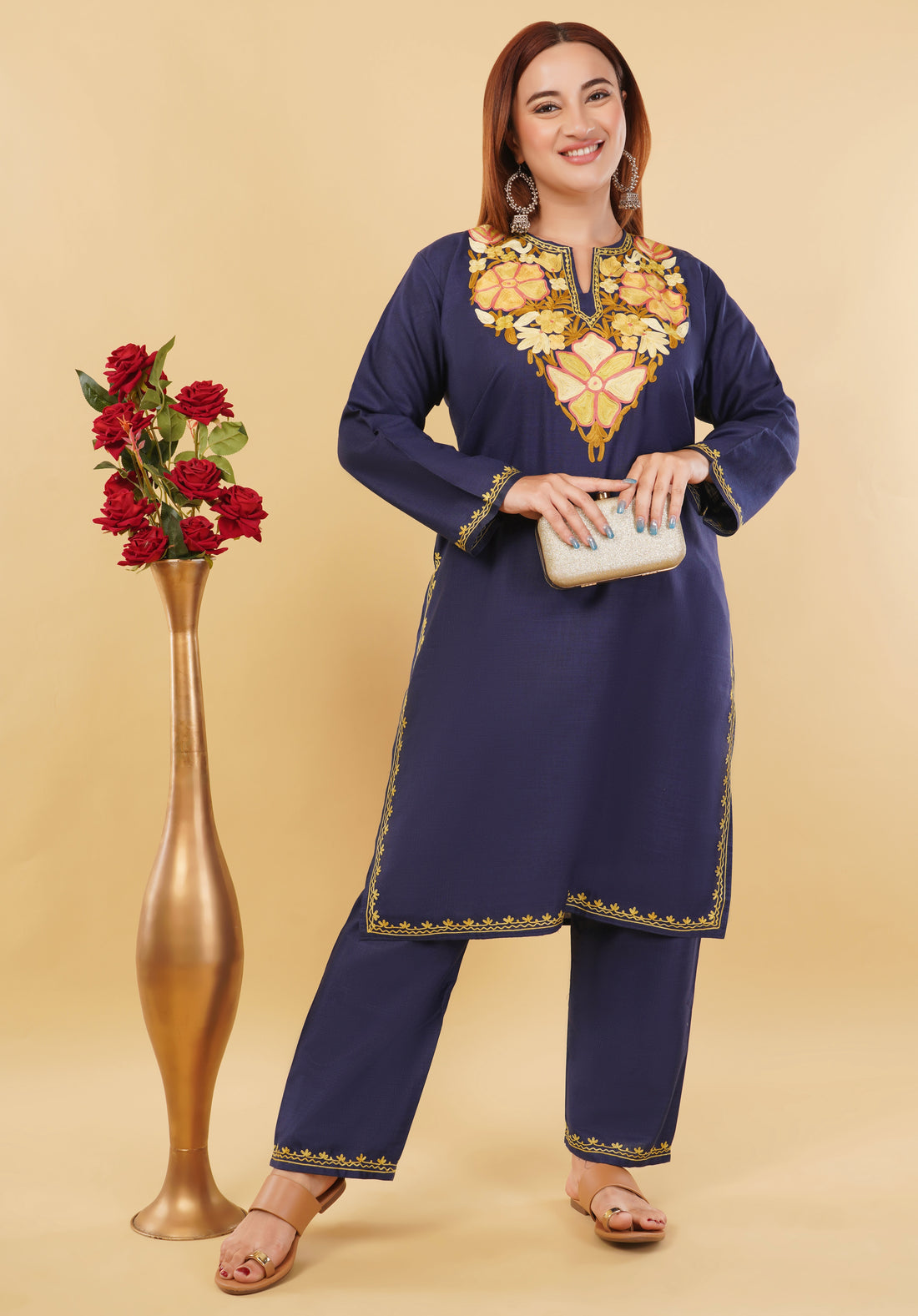Kashmiri Aari embroidery Cotton Co-ord set Size-46 (Navy Blue)