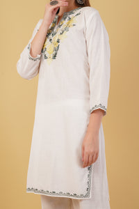 Kashmiri Aari embroidery Cotton Co-ord set Size-42 (White)