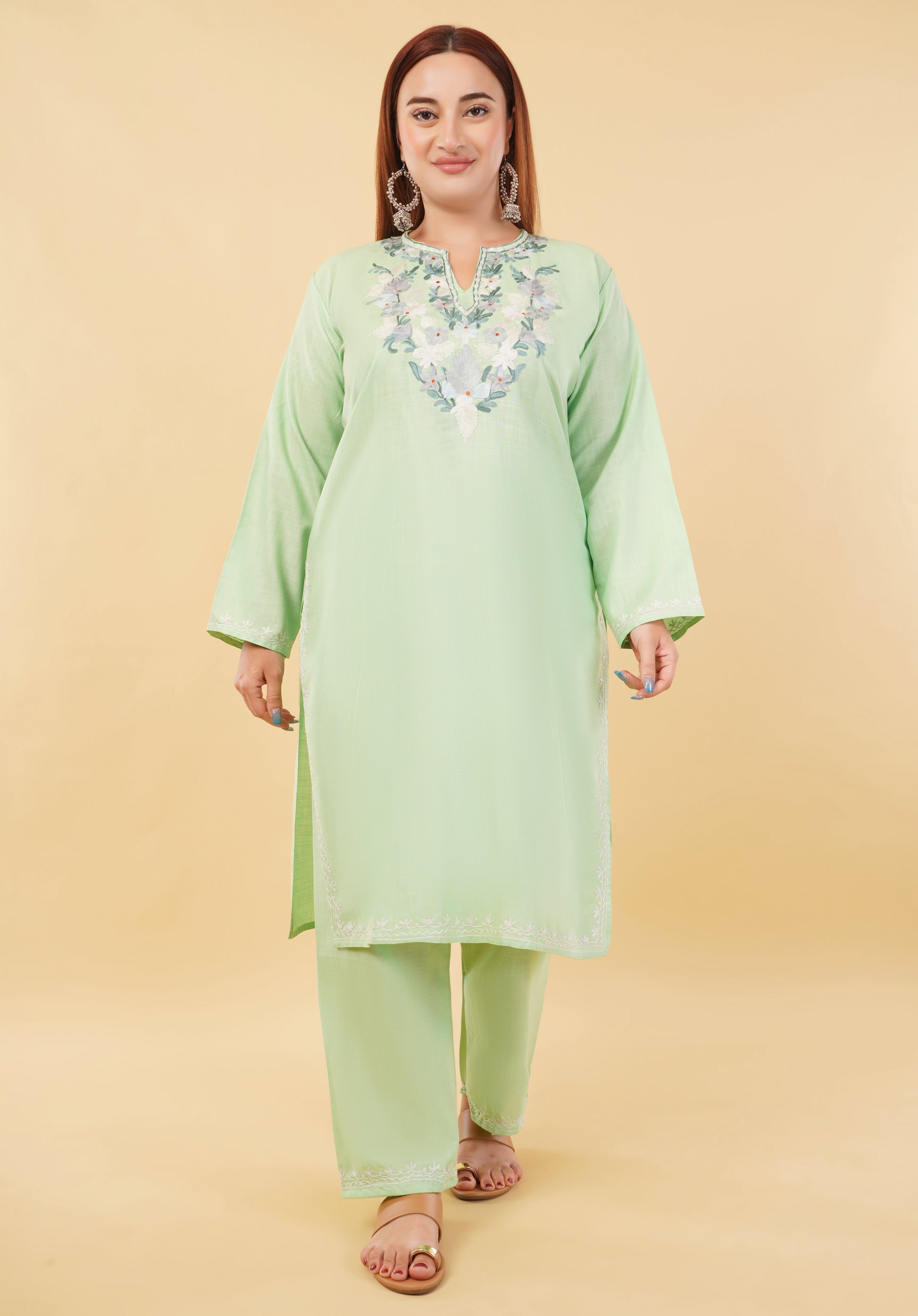 Kashmiri Aari embroidery Cotton Co-ord set Size-46 (Green)