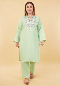 Kashmiri Aari embroidery Cotton Co-ord set Size-46 (Green)