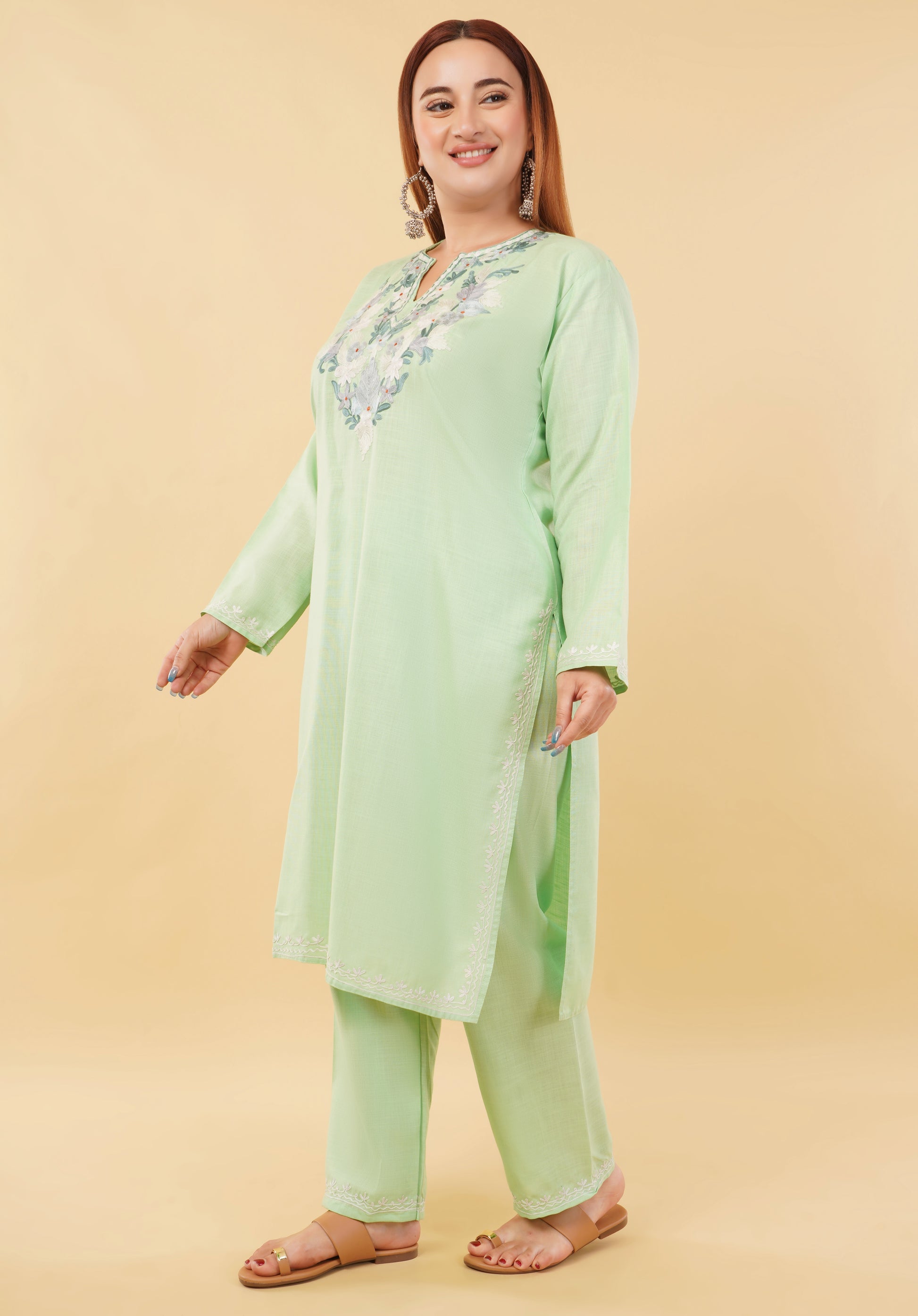 Kashmiri Aari embroidery Cotton Co-ord set Size-46 (Green)