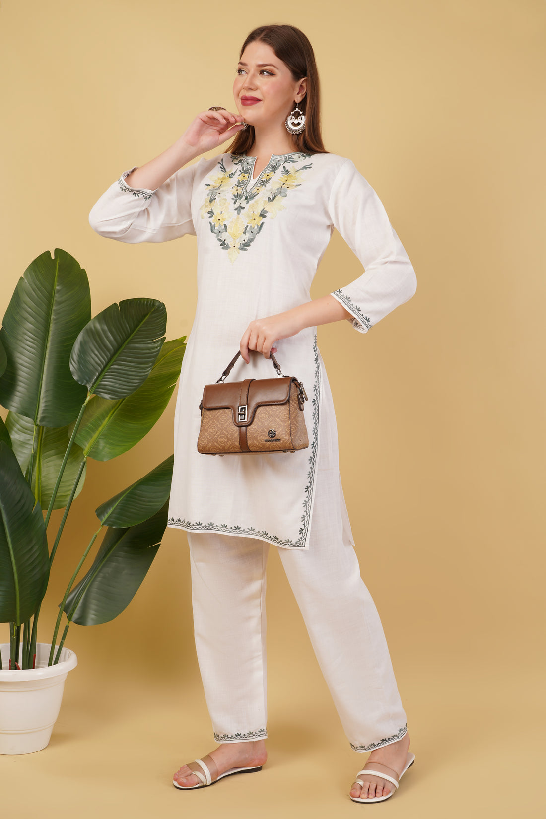 Kashmiri Aari embroidery Cotton Co-ord set Size-42 (White)