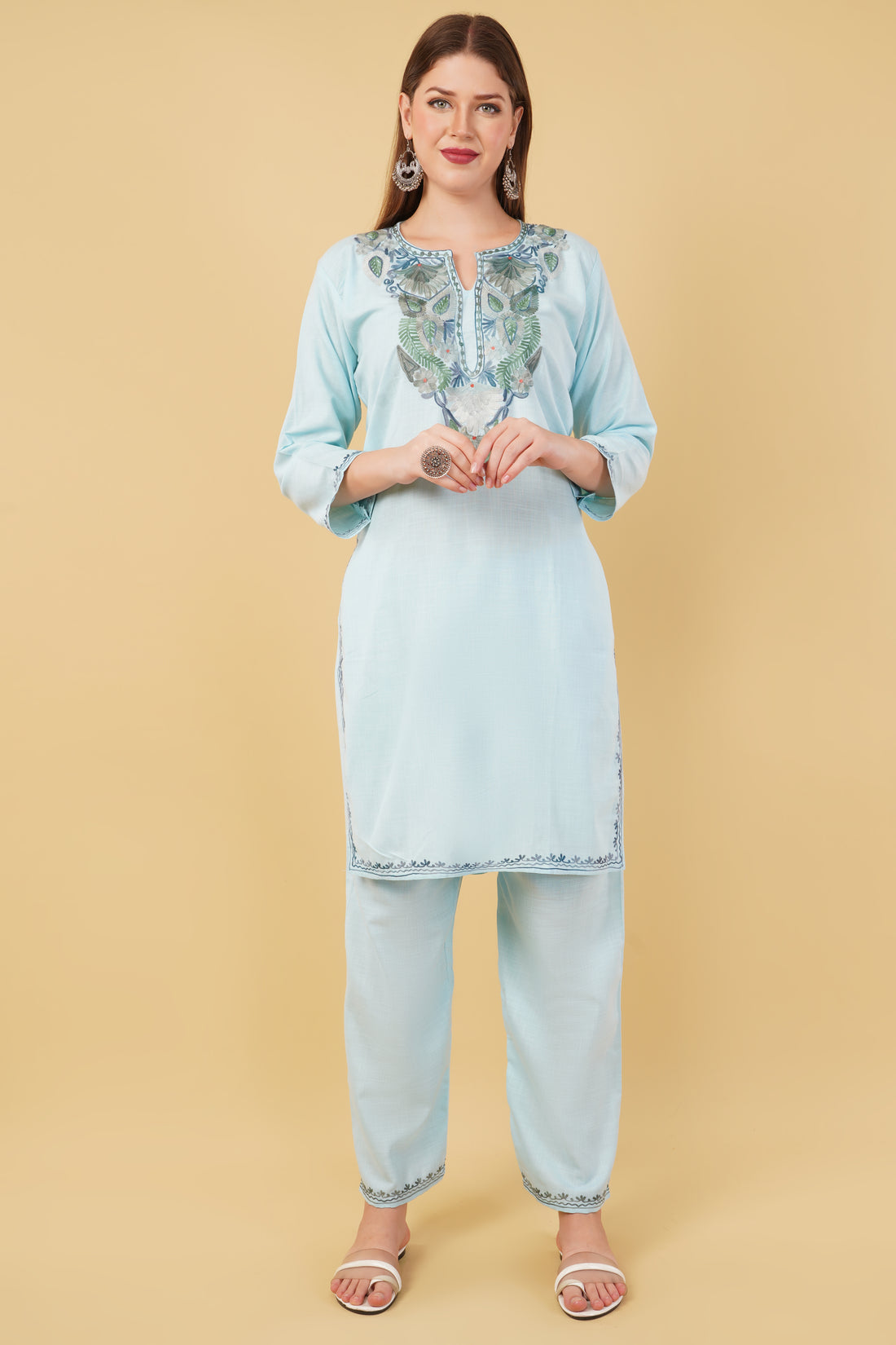 Kashmiri Aari embroidery Cotton Co-ord set Size-42 (Sky Blue)