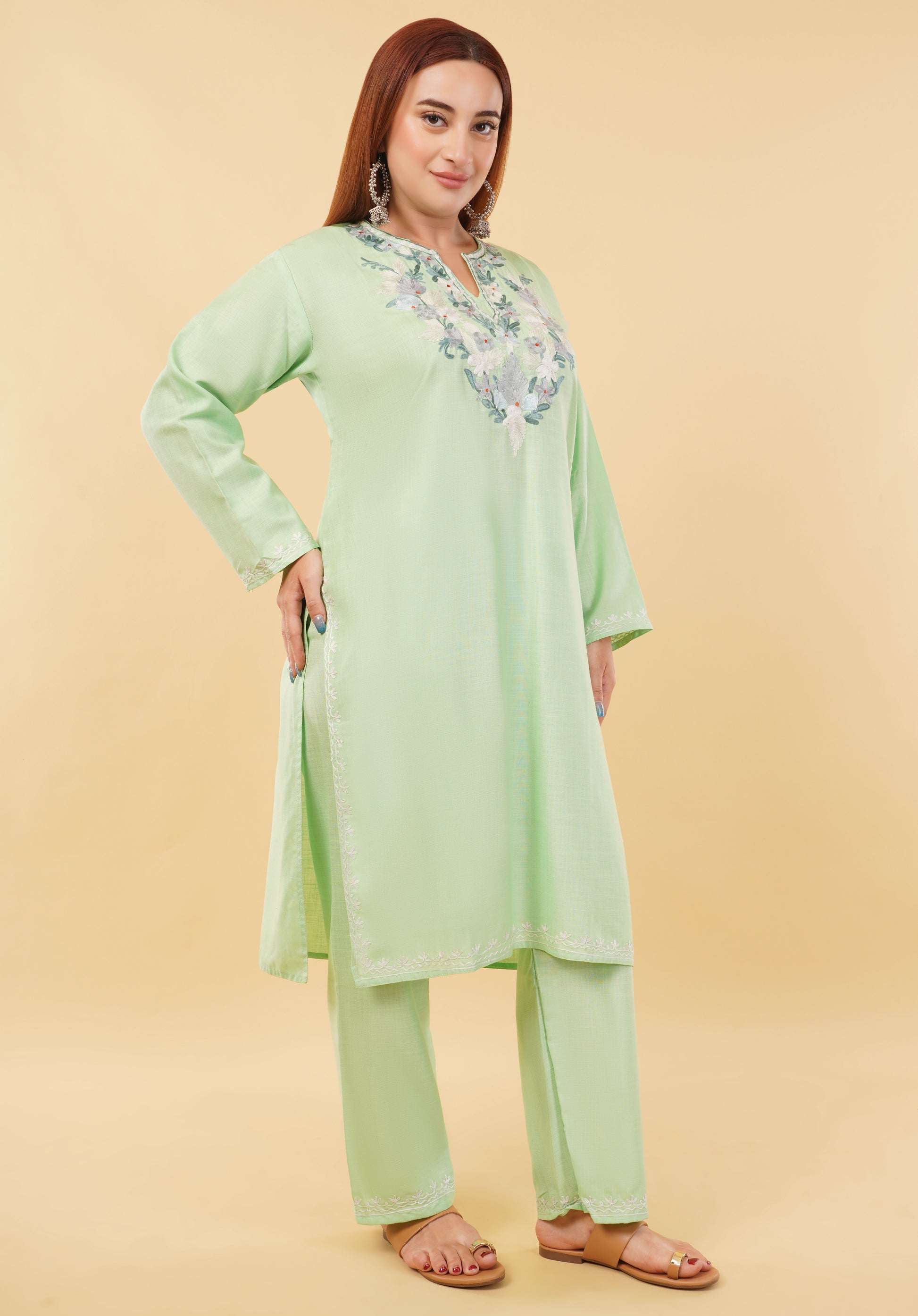 Kashmiri Aari embroidery Cotton Co-ord set Size-46 (Green)