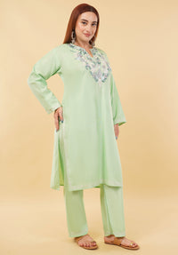 Kashmiri Aari embroidery Cotton Co-ord set Size-46 (Green)