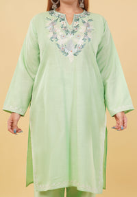 Kashmiri Aari embroidery Cotton Co-ord set Size-46 (Green)