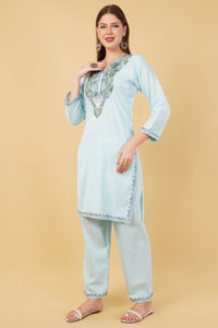 Kashmiri Aari embroidery Cotton Co-ord set Size-42 (Sky Blue)