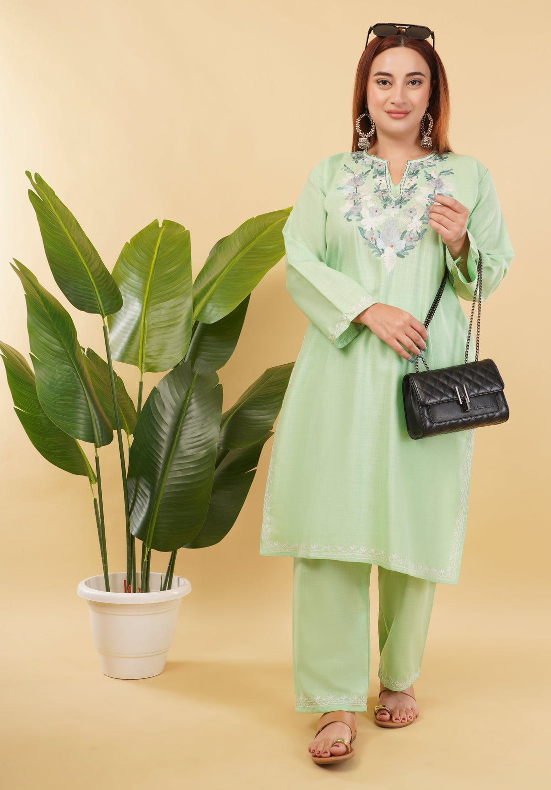 Kashmiri Aari embroidery Cotton Co-ord set Size-46 (Green)