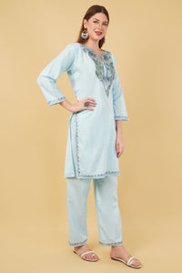 Kashmiri Aari embroidery Cotton Co-ord set Size-42 (Sky Blue)