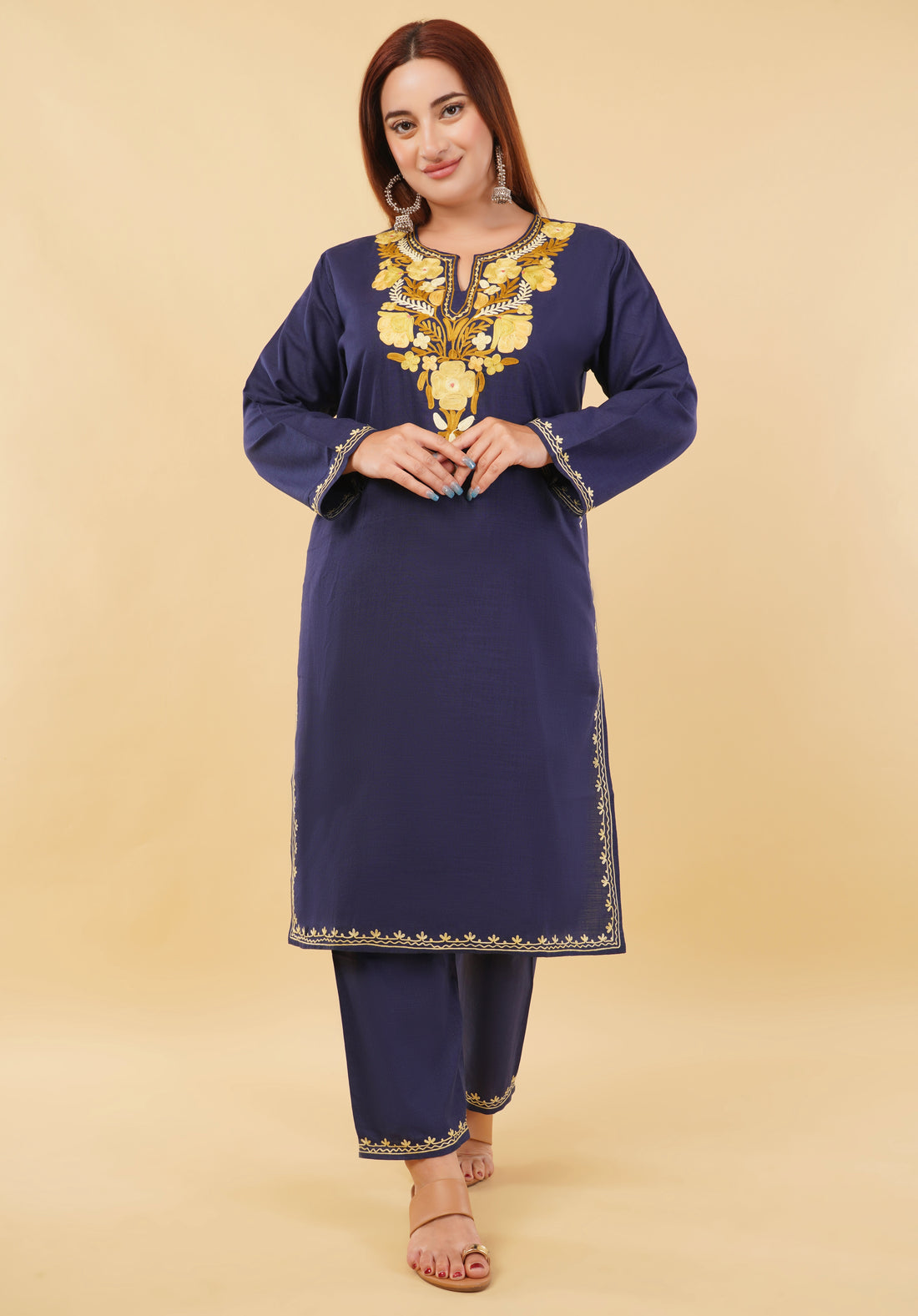 Kashmiri Aari embroidery Cotton Co-ord set Size-46 (Navy Blue)