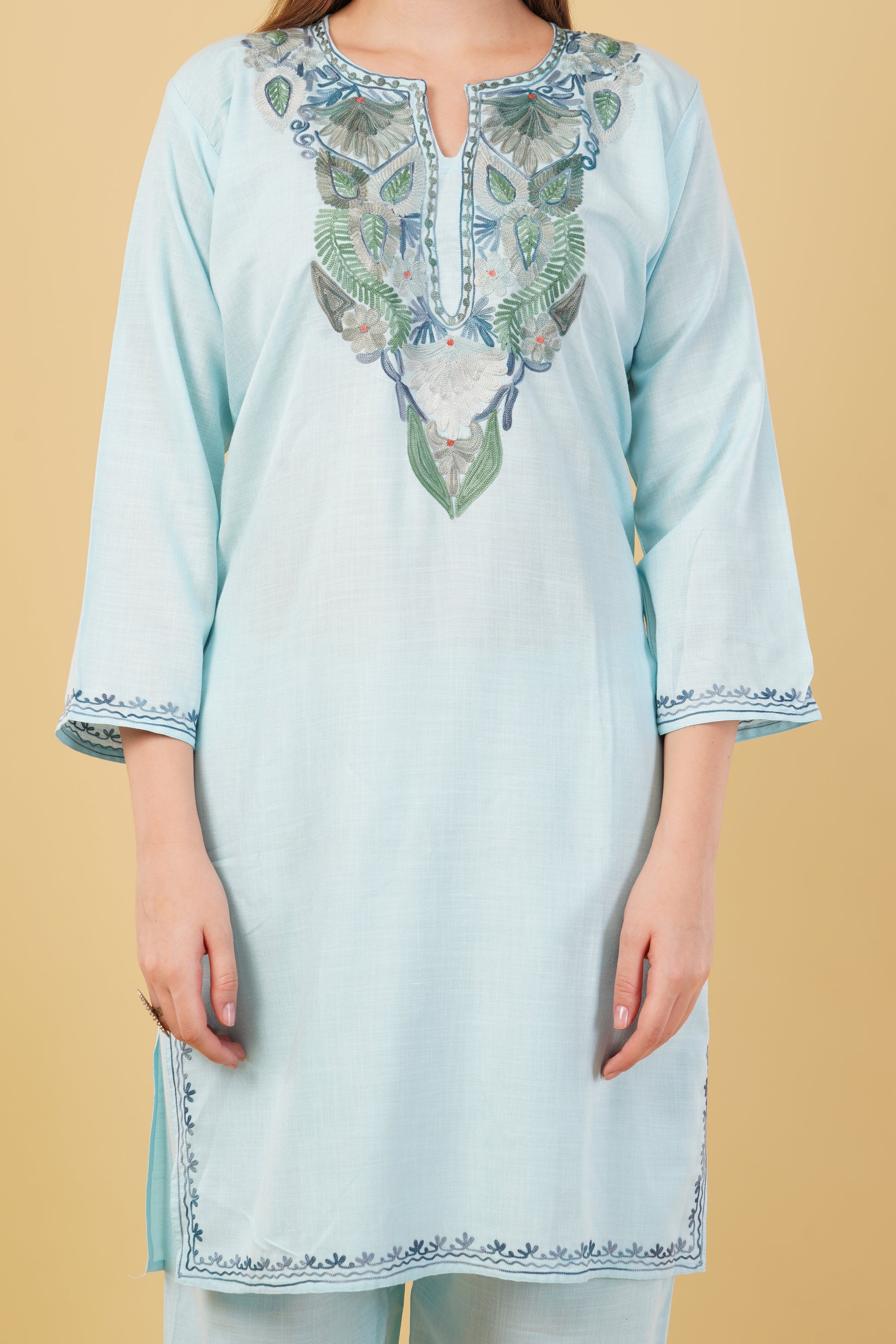 Kashmiri Aari embroidery Cotton Co-ord set Size-42 (Sky Blue)