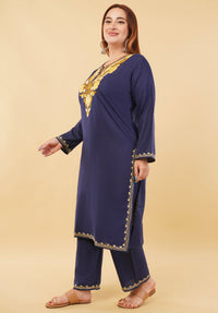Kashmiri Aari embroidery Cotton Co-ord set Size-46 (Navy Blue)