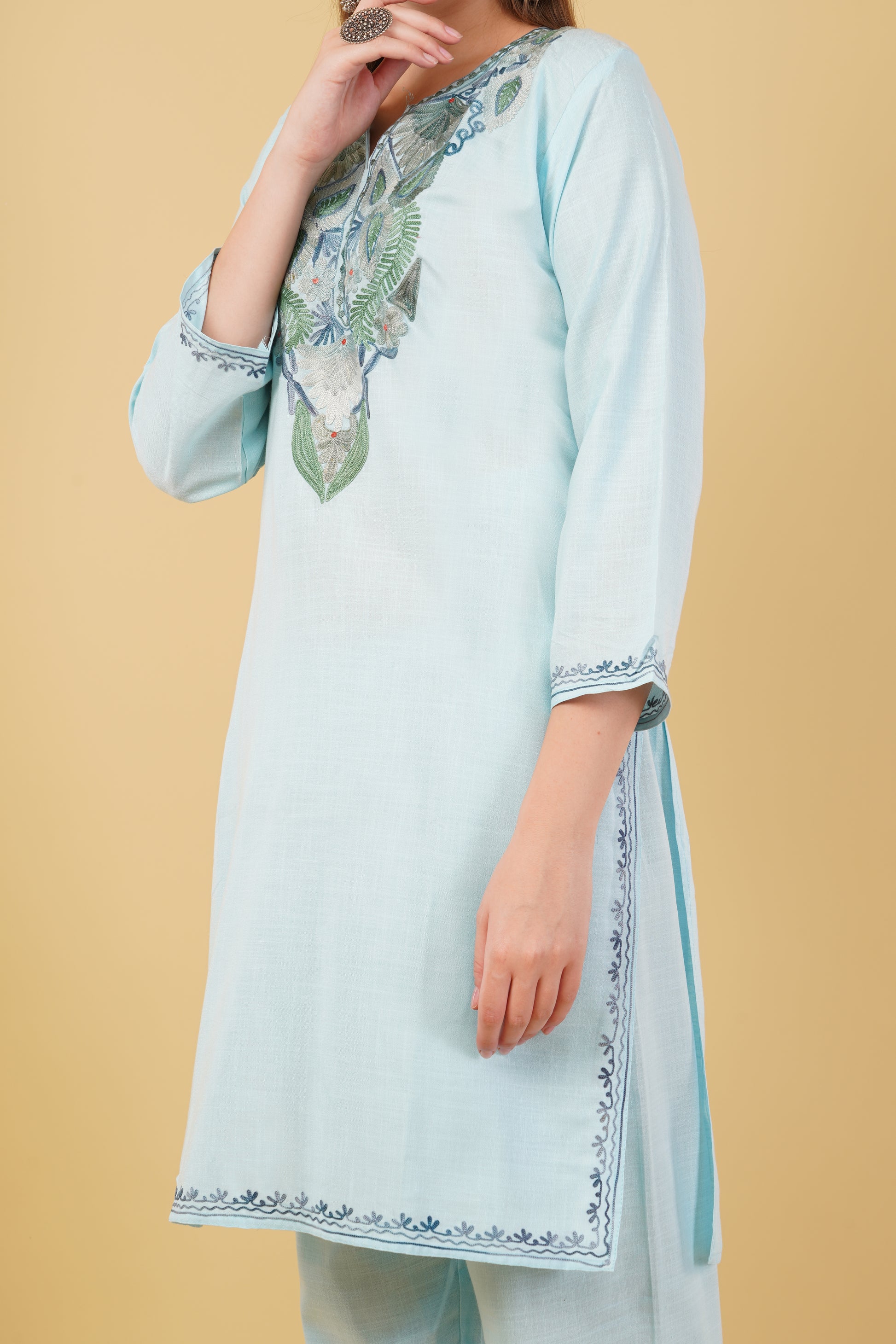 Kashmiri Aari embroidery Cotton Co-ord set Size-42 (Sky Blue)