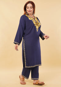 Kashmiri Aari embroidery Cotton Co-ord set Size-46 (Navy Blue)