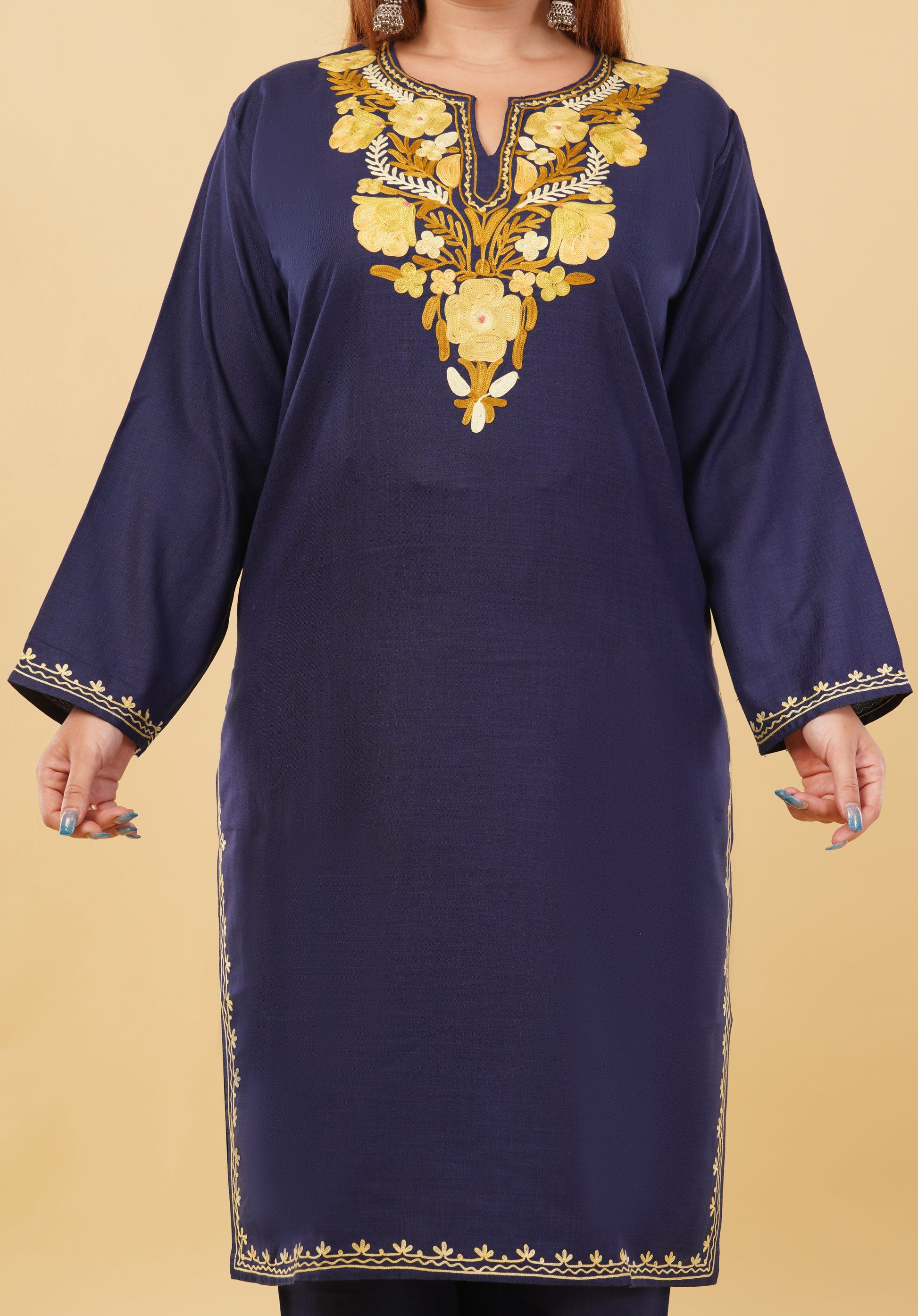 Kashmiri Aari embroidery Cotton Co-ord set Size-46 (Navy Blue)