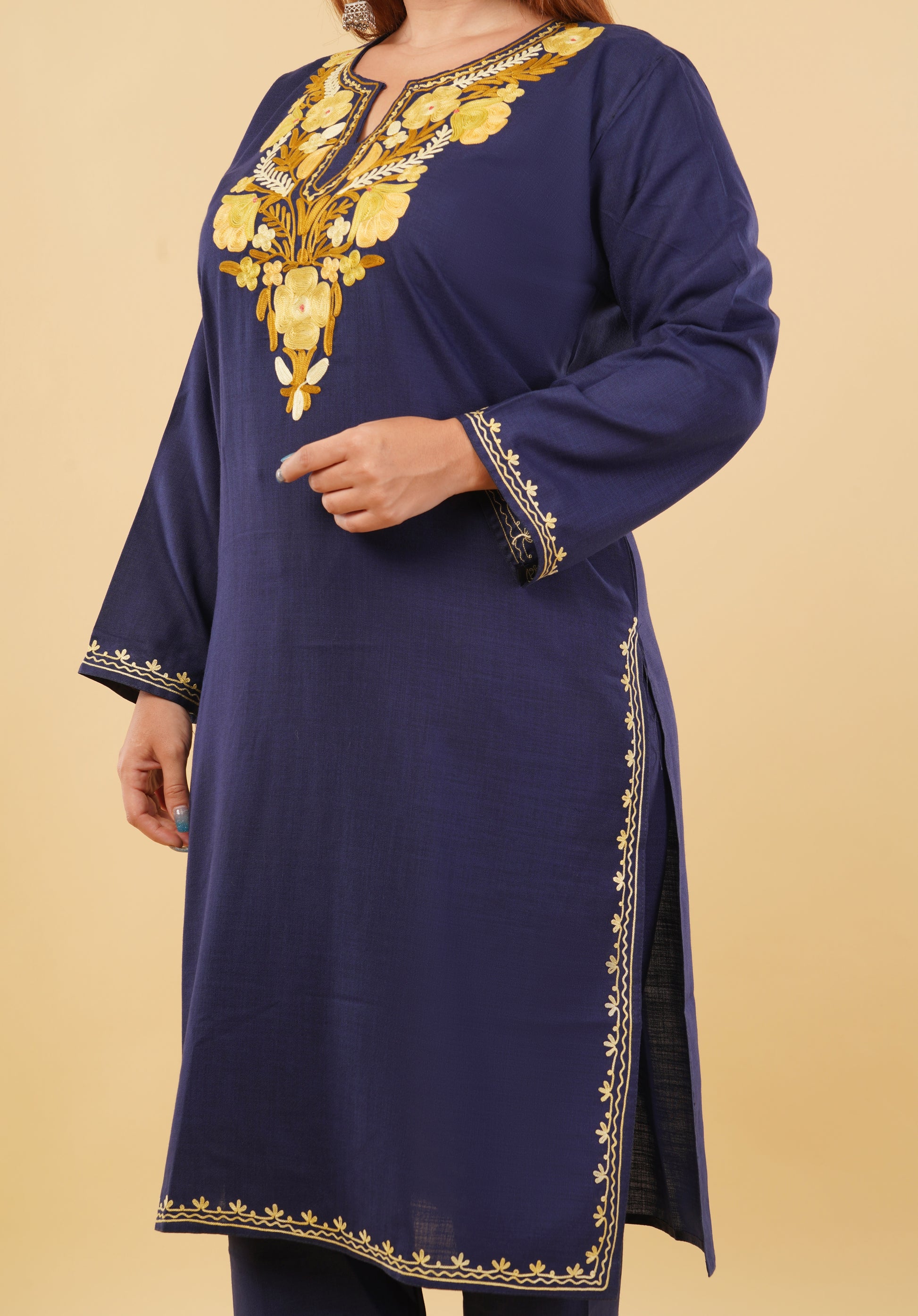 Kashmiri Aari embroidery Cotton Co-ord set Size-46 (Navy Blue)