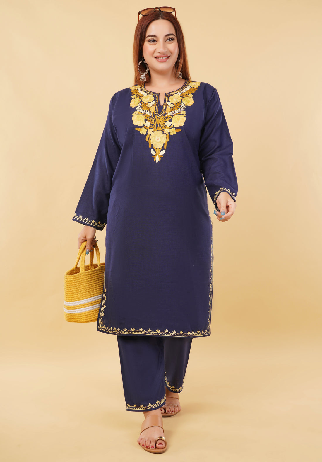Kashmiri Aari embroidery Cotton Co-ord set Size-46 (Navy Blue)