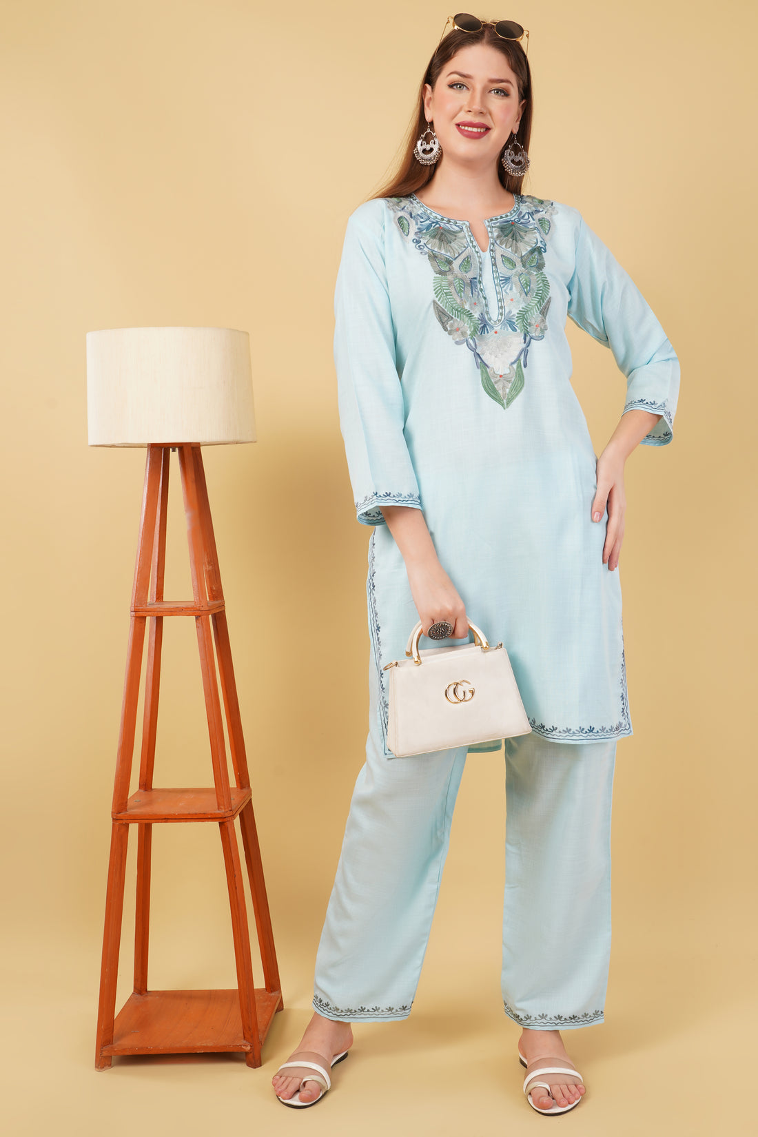 Kashmiri Aari embroidery Cotton Co-ord set Size-42 (Sky Blue)