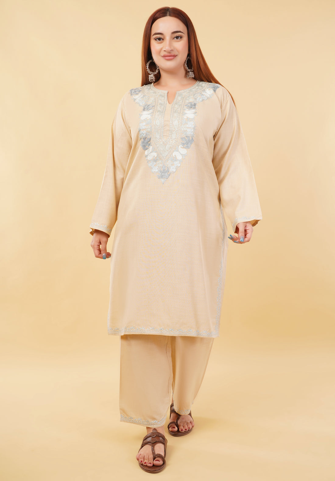 Kashmiri Aari embroidery Cotton Co-ord set Size-46 (Beige)
