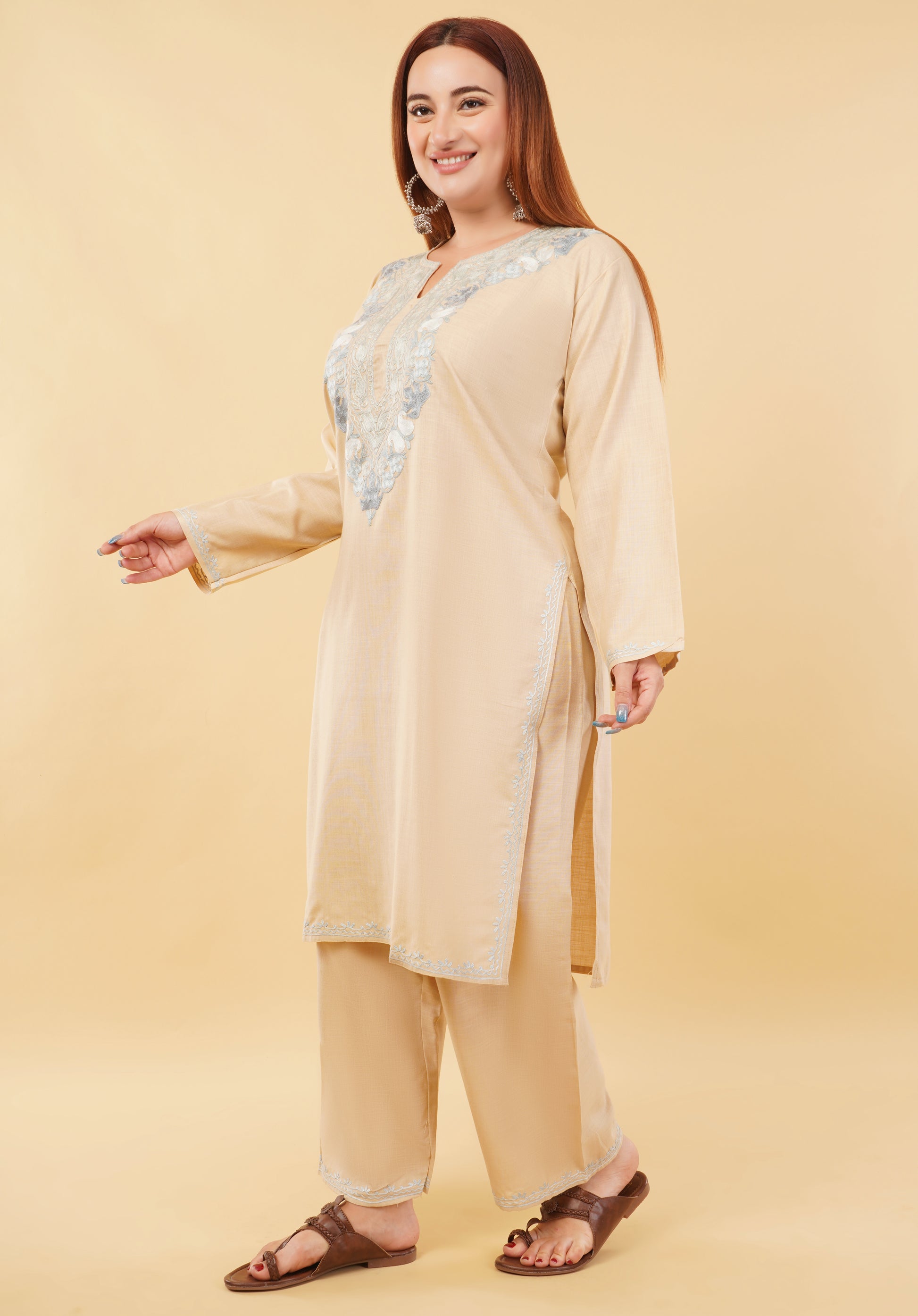 Kashmiri Aari embroidery Cotton Co-ord set Size-46 (Beige)