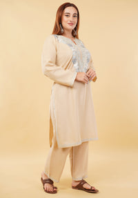 Kashmiri Aari embroidery Cotton Co-ord set Size-46 (Beige)