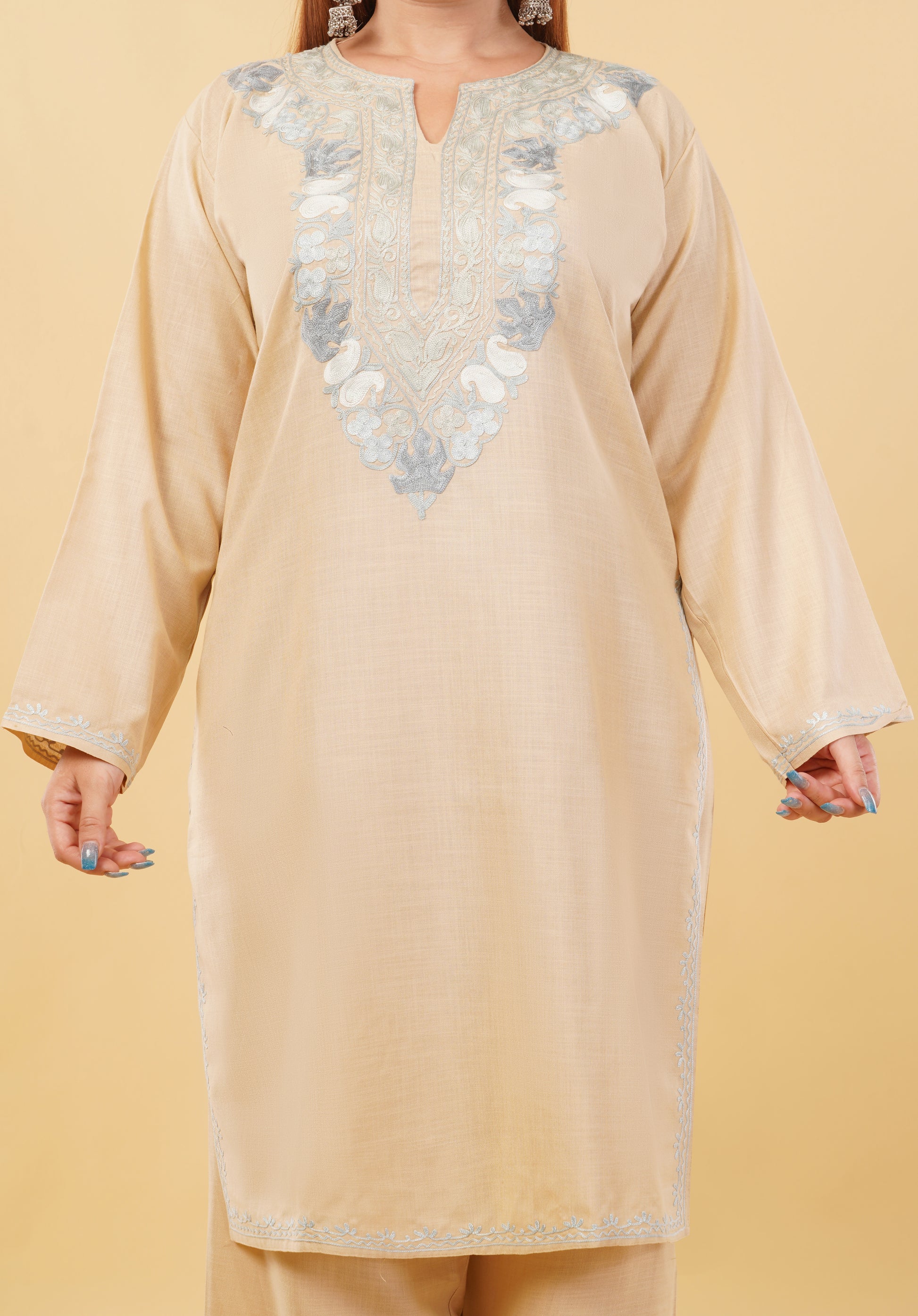 Kashmiri Aari embroidery Cotton Co-ord set Size-46 (Beige)