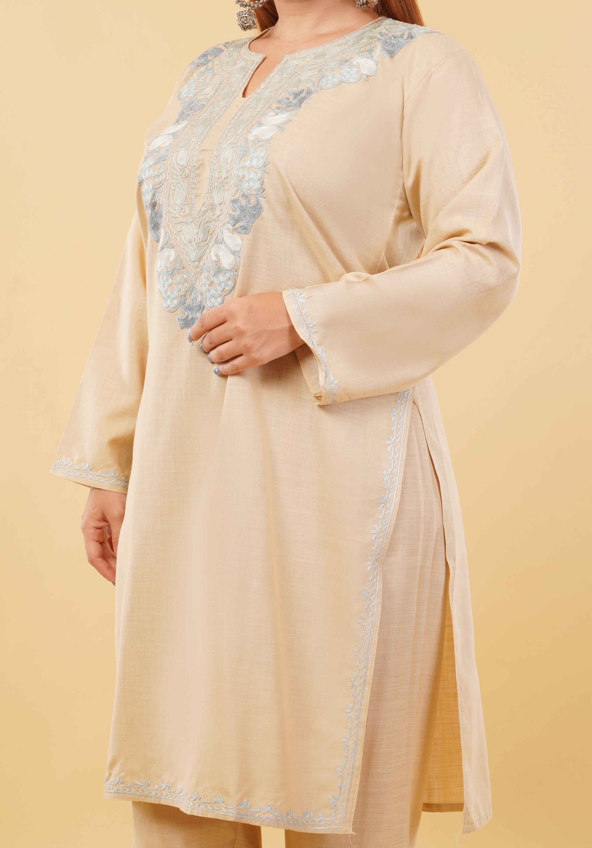 Kashmiri Aari embroidery Cotton Co-ord set Size-46 (Beige)