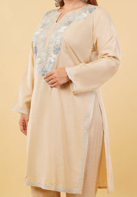 Kashmiri Aari embroidery Cotton Co-ord set Size-46 (Beige)