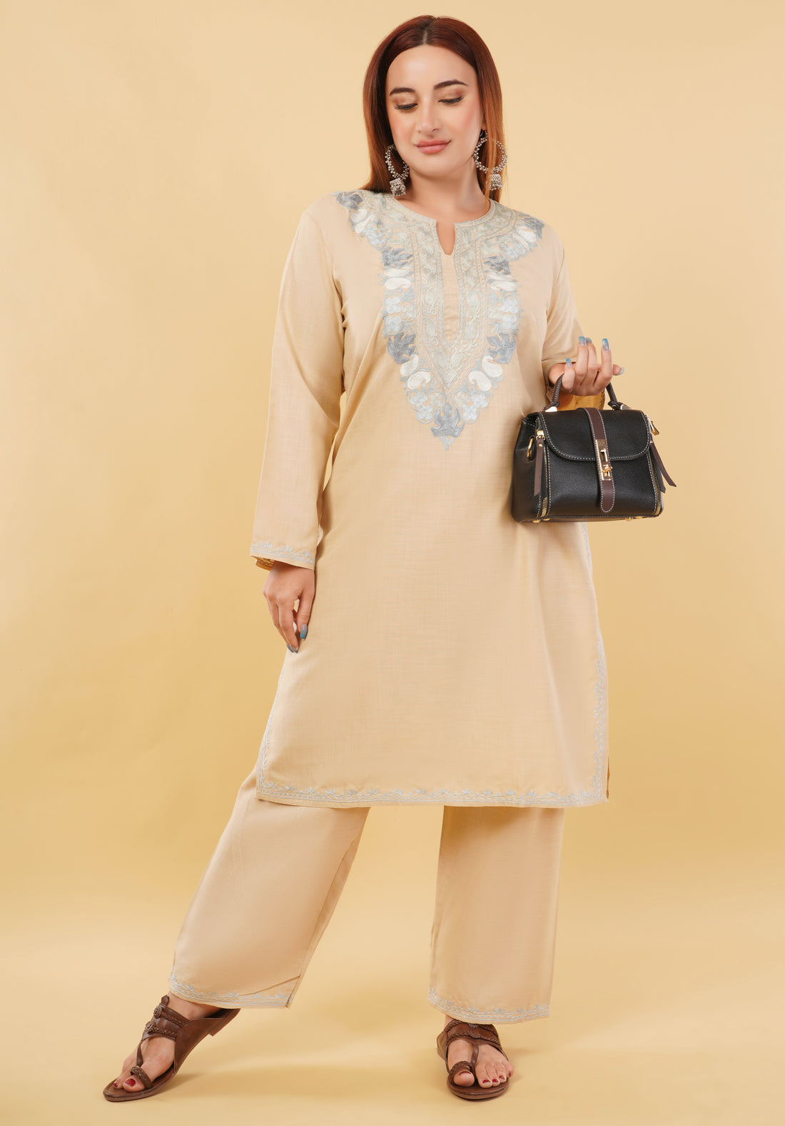 Kashmiri Aari embroidery Cotton Co-ord set Size-46 (Beige)