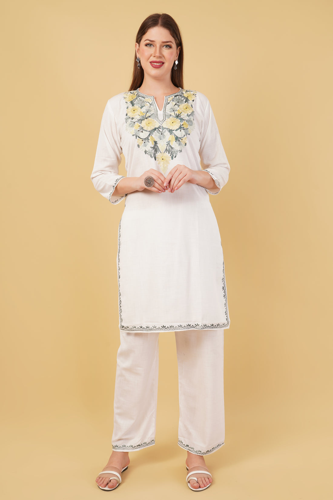 Kashmiri Aari embroidery Cotton Co-ord set Size-42 (White)