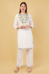 Kashmiri Aari embroidery Cotton Co-ord set Size-42 (White)